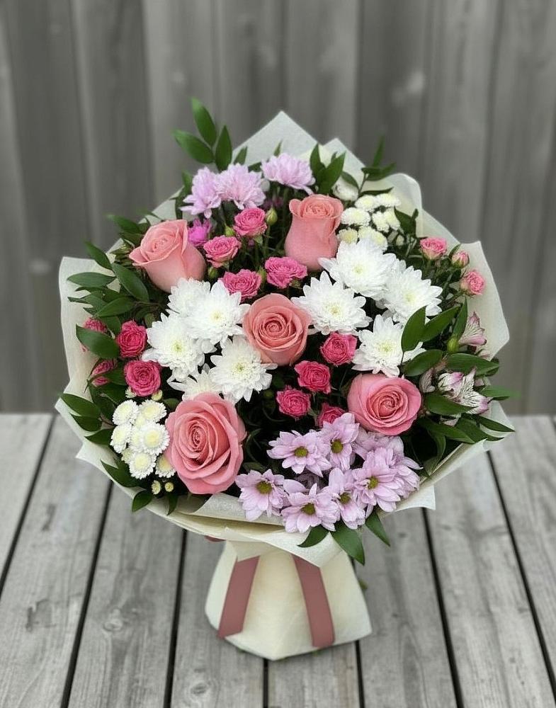 Букет цветов из: Альстромерии, Гвоздики, Розы и Хризантемы в Чехов-7