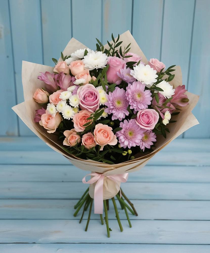 Букет цветов из: Хризантемы, Розы и Альстромерии в Чехов-7