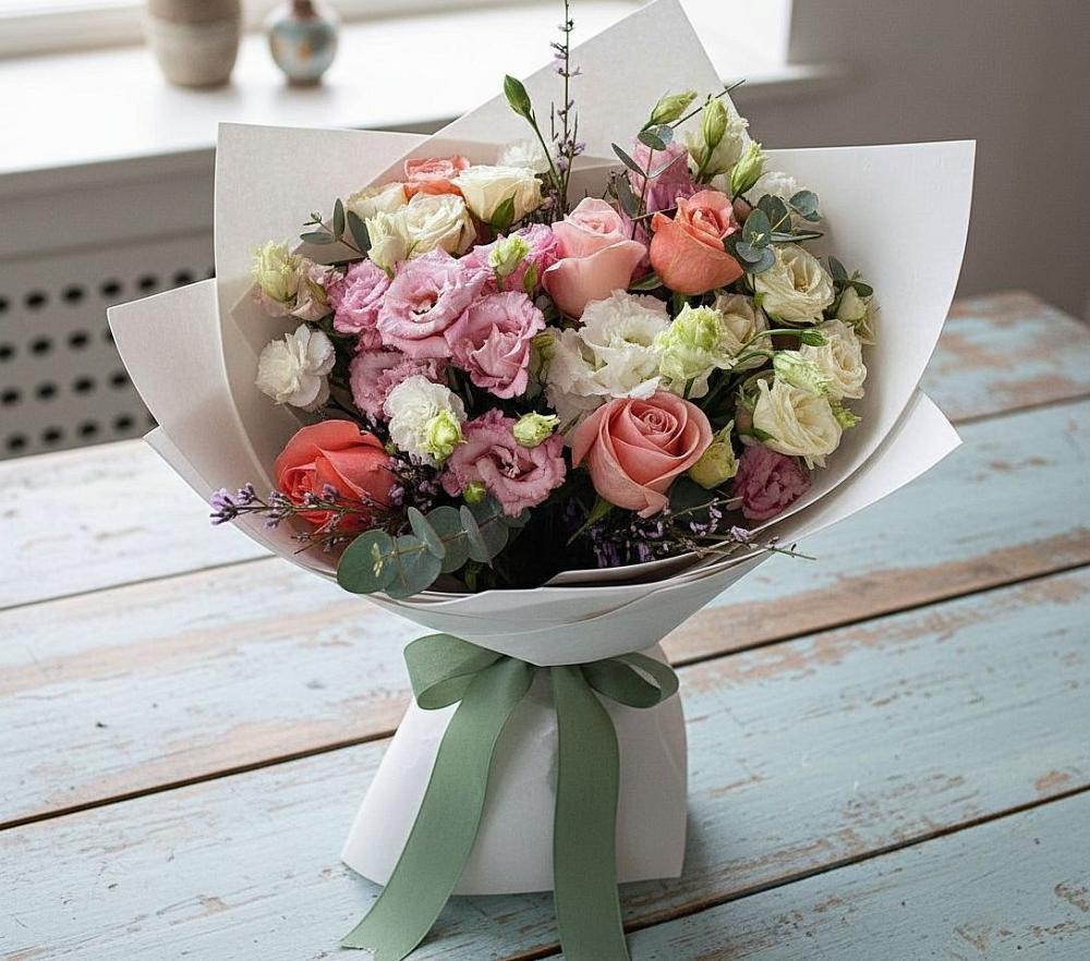 Букет цветов из: Розы, Лизиантусы и Гвоздики в Чехов-7