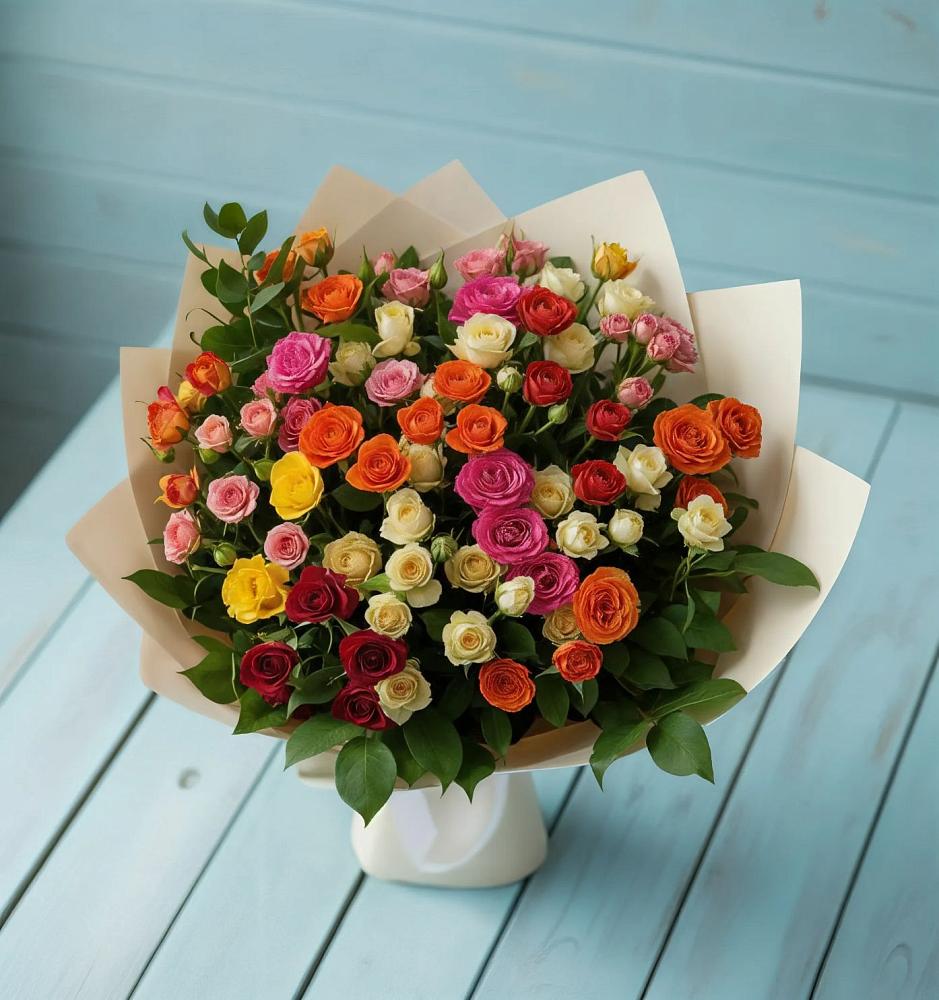 Букет Микс из разноцветных кустовых роз в Чехов-7