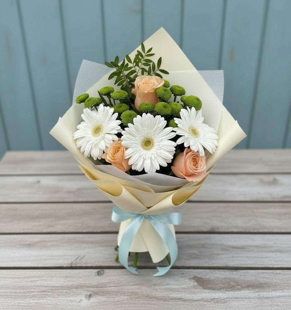 Букет цветов из: Герберы, Розы и Хризантемы в Чехов-7