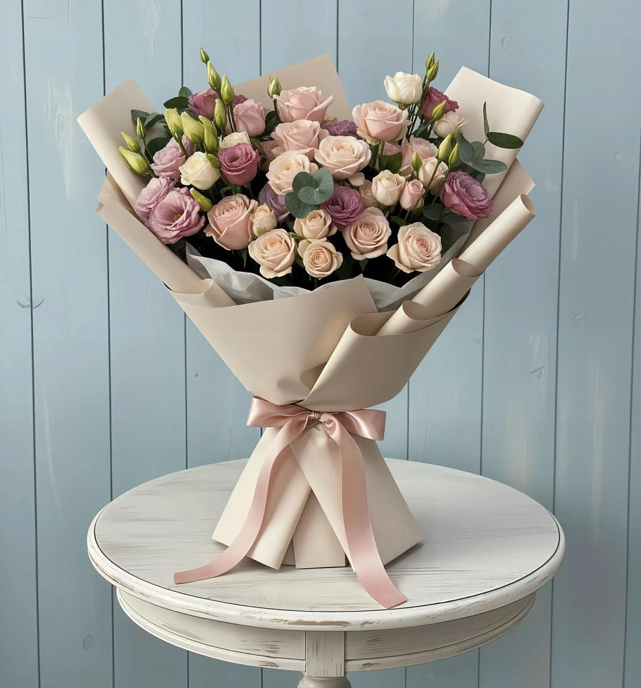 Букет цветов из: Розы и Лизиантусы в Чехов-7