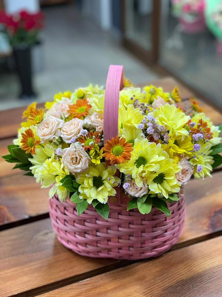 Цветочная композиция из Хризантемы и Розы в корзине в Чехов-7