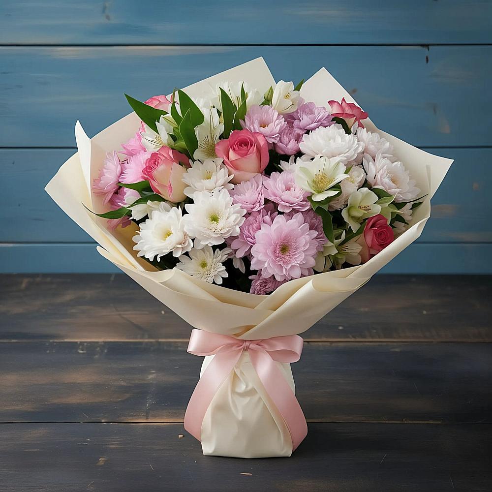 Букет цветов из: Хризантемы, Альстромерии и Розы в Чехов-7